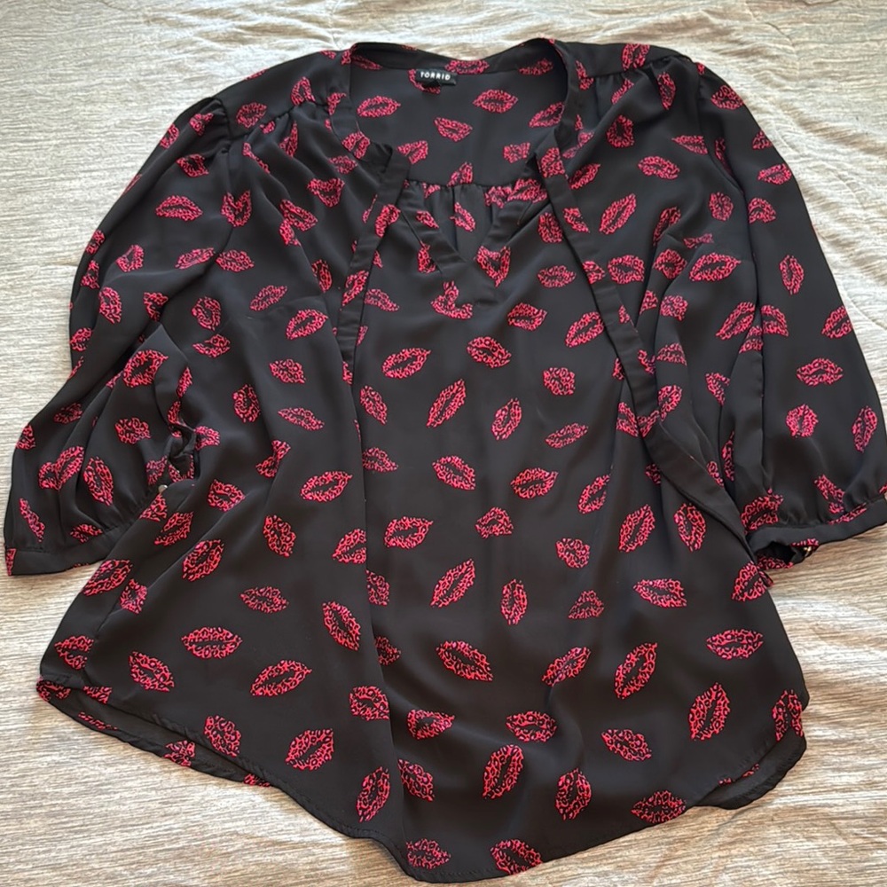 Torrid Black and Red Puff Sleeve Blouse with Sailor Collar